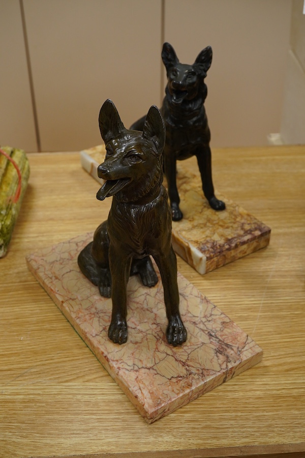 Two Art Deco style bronzed spelter Alsatians, largest 35cm wide